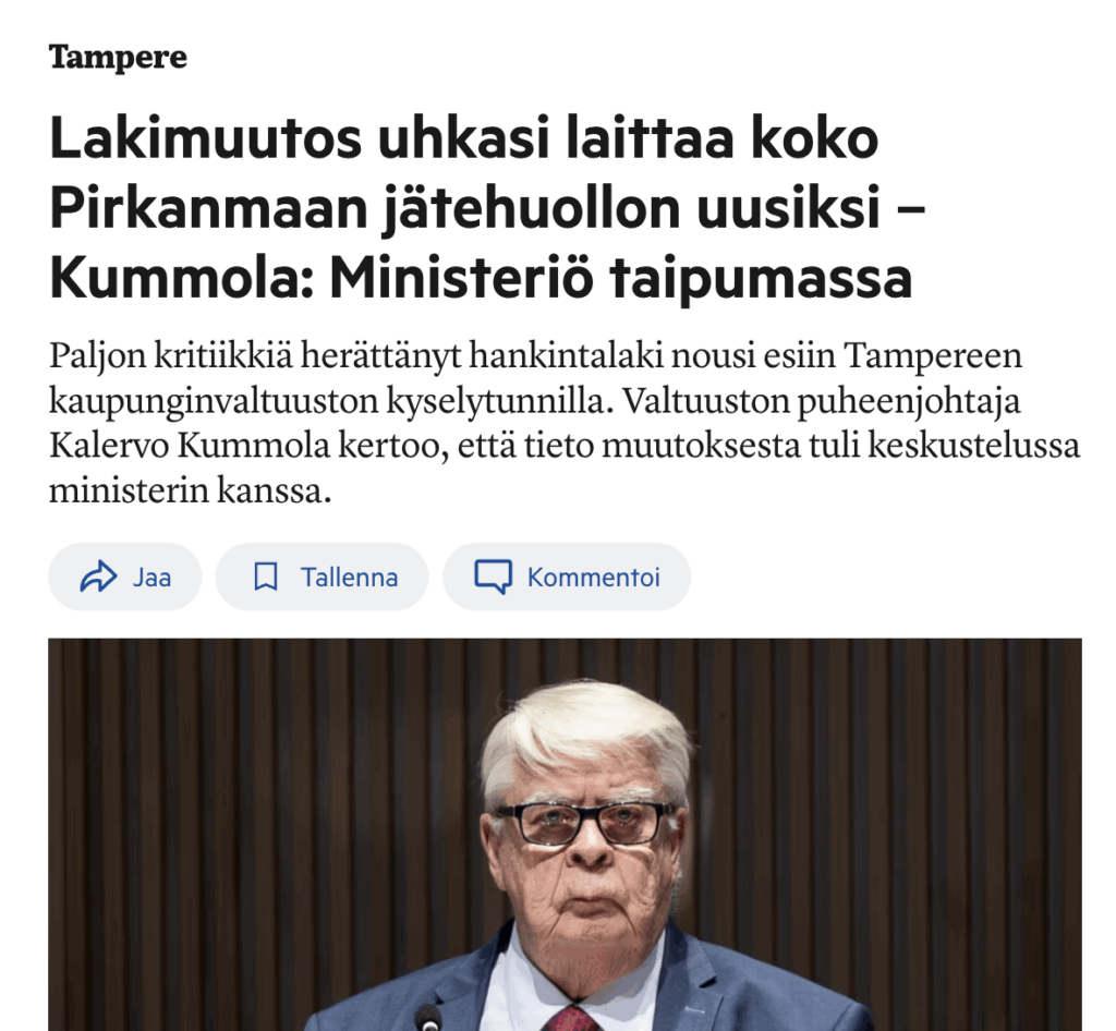 Aamulehti: Jätehuolto pois hankintalaista