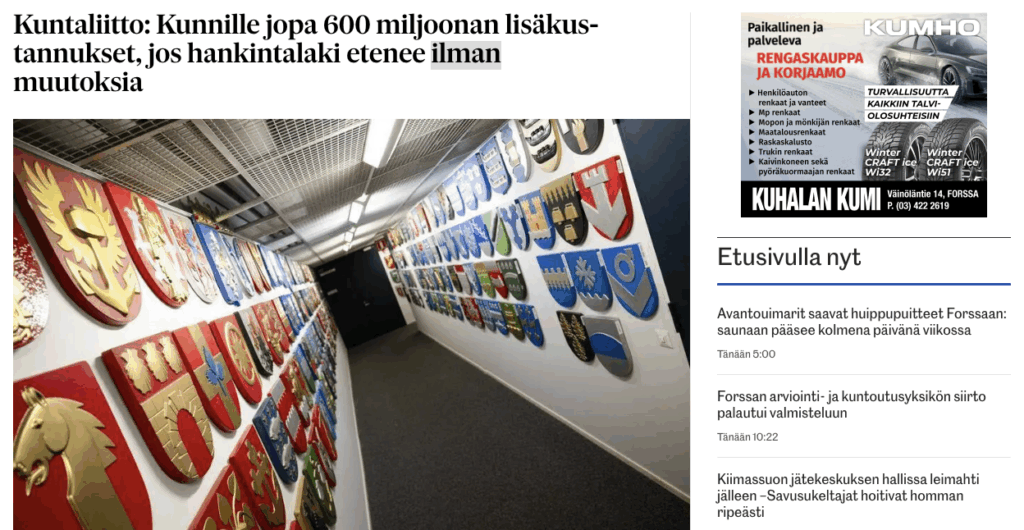 Forssan lehti: Kunnille 600 miljoonan lisäkustannukset hankintalaista