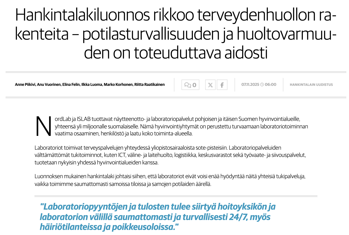 KALEVA - Laboratoriopalvelut vaarantuvat