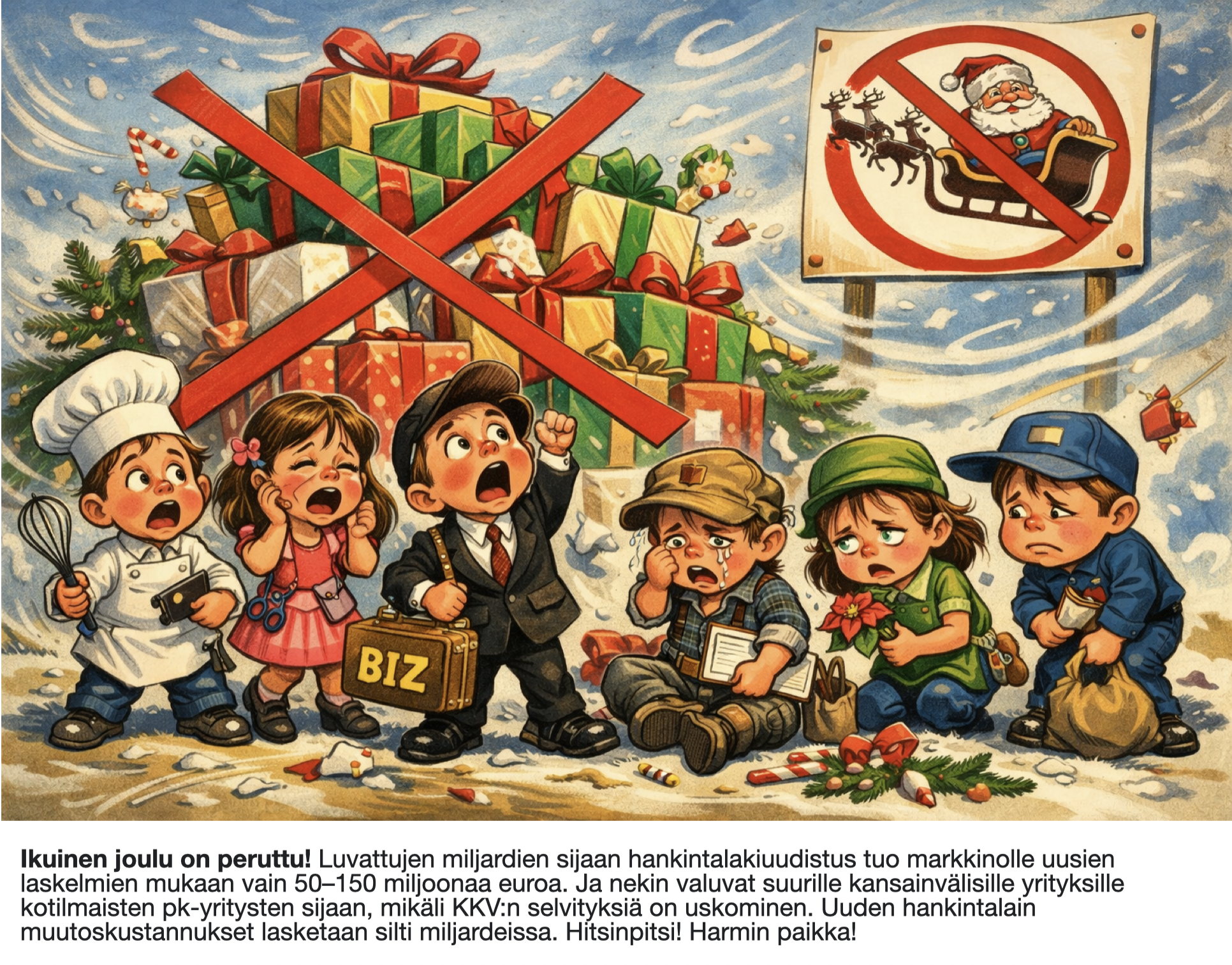Ikuinen joulu on peruttu! Luvattujen miljardien sijaan hankintalakiuudistus tuo markkinoille uusien laskelmien mukaan vain 50–150 miljoonaa euroa. Ja nekin valuvat suurille kansainvälisille yrityksille kotimaisten pk-yritysten sijaan, mikäli KKV:n selvityksiä on uskominen. Uuden hankintalain muutoskustannukset lasketaan silti miljardeissa. Hitsinpitsi! Harmin paikka! (hankintalaki.fi)