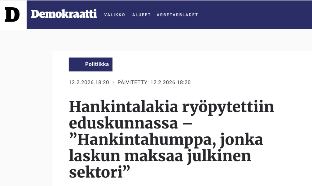 Demokraatti: Hankintalakia ryöpytettiin eduskunnassa – ”Hankintahumppa, jonka laskun maksaa julkinen sektori”
