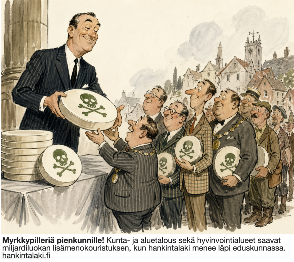 Myrkkypilleriä pienkunnille! Kunta- ja aluetalous sekä hyvinvointialueet saavat miljardiluokan lisämenokouristuksen, kun hankintalaki menee läpi eduskunnassa. hankintalaki.fi 