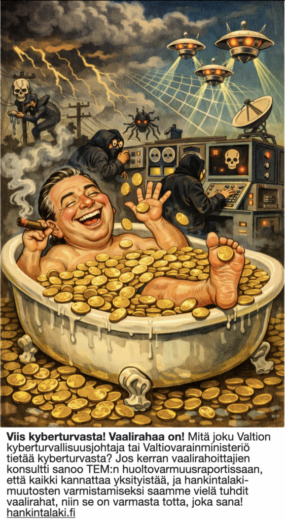 Hymyä! Viis kyberturvasta! Vaalirahaa on! 

Mitä joku Valtion kyberturvallisuusjohtaja tai Valtiovarainministeriö tietää kyberturvasta? Jos kerran vaalirahoittajien konsultti sanoo TEM:n huoltovarmuusraportissaan, että kaikki kannattaa yksityistää, ja hankintalaki-muutosten varmistamiseksi saamme vielä tuhdit vaalirahat, niin se on varmasta totta, joka sana!
hankintalaki.fi
